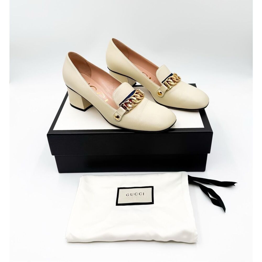 Gucci Heels Sylvie Pumps Off White 55 Block Web Chain EU 38.5 US 8.5